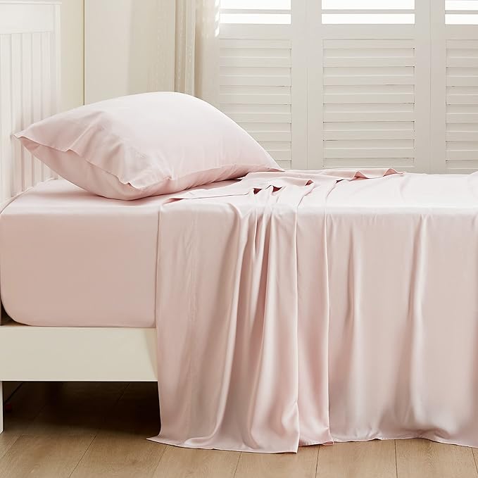 Bedsure Cooling Sheets Twin, Rayon Derived from Bamboo, Breathable & Soft Twin Sheets Set, Deep Pocket Up to 16 Inches, Hotel Luxury Silky Bedding for Hot Sleepers, Pink