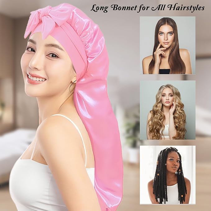 Long Satin Bonnet with Tie Band for Sleeping Women - Silk Sleep Bonnet for Curly Hair and Braids