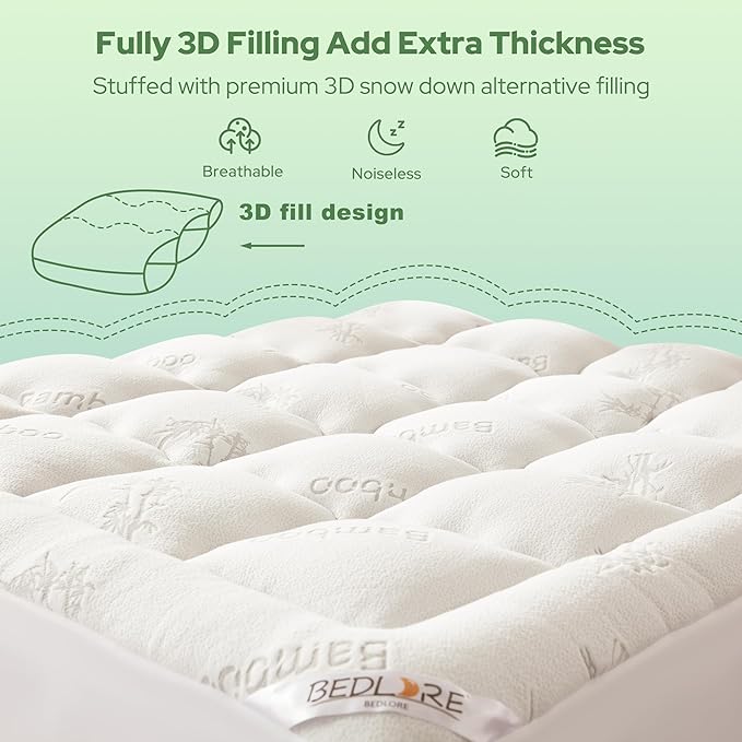 BEDLORE Full Size Mattress Topper Viscose Derived from Bamboo, Thick Pillow Top Mattress Pad with Stretchable Pockets for 6-15 inches Mattress, Breathable Mattress Topper for Back Pain Relief