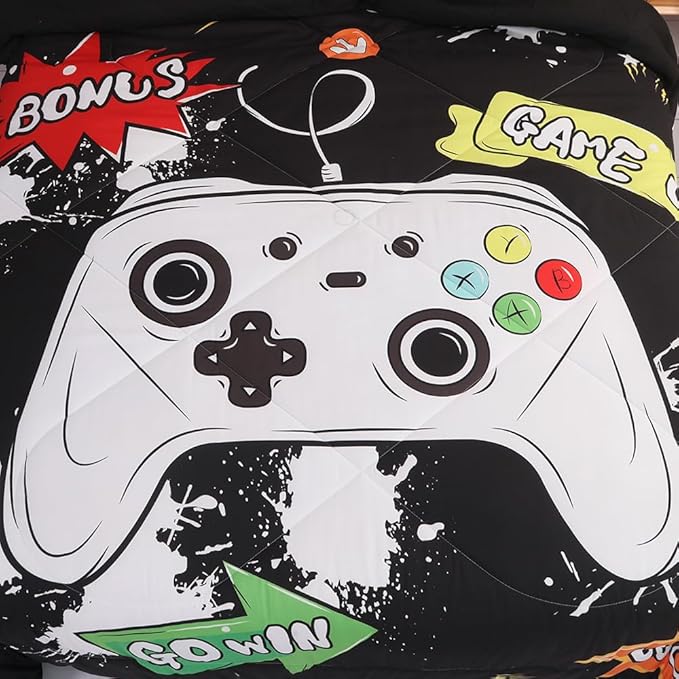 Wajade Kids Game Comforter Set Bed in A Bag Full Size 7 Piece 3D Colorful Video Game Controller Bedding Set for Boys Girls (1 Comforter, 1 Flat Sheet, 1 Fitted Sheet, 2 Pillowcase and 2 Pillow Sham)