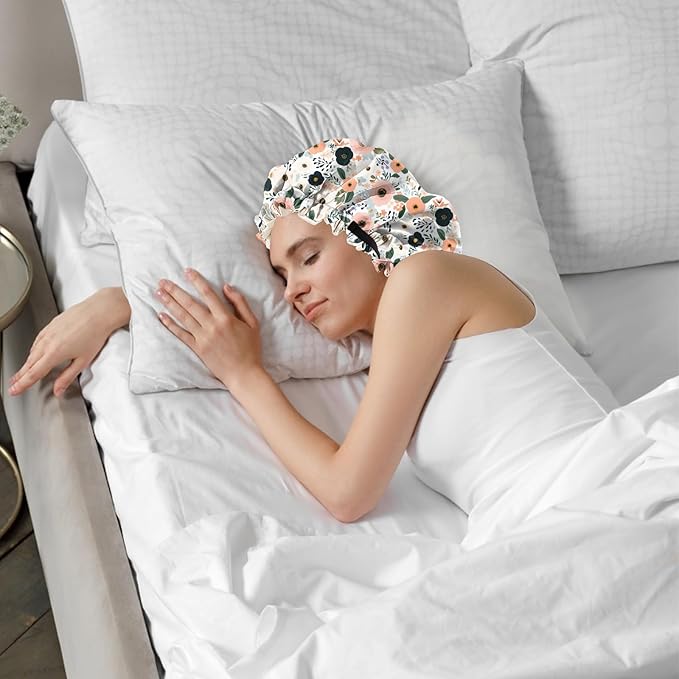 2 PCS Bonnets for Women Girls Satin Hair Bonnet Silk Adjustable Elastic Double Layer Hair Wrap Sleep Cap Comfort Cute-Floral