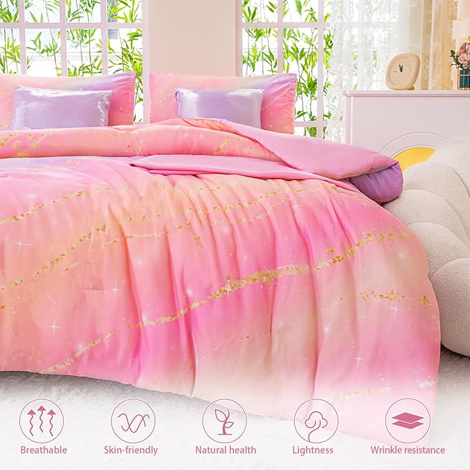Rainbow Bedding Set Twin Size – 7 Piece Reversible Girls Comforter with Deep-Pocket Sheet, Gradient Galaxy Design, Whole-Piece Filling, Machine Washable Bed-in-a-Bag for Kids Room Makeover & Gifts