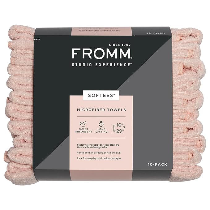 Fromm Softees Microfiber Salon Hair Towels for Hairstylists, Barbers, Spa, Gym in Light Pink, 16" by 29", 10 count Perfect Hair Care Towel for Drying Curly, Long, Wavy Hair