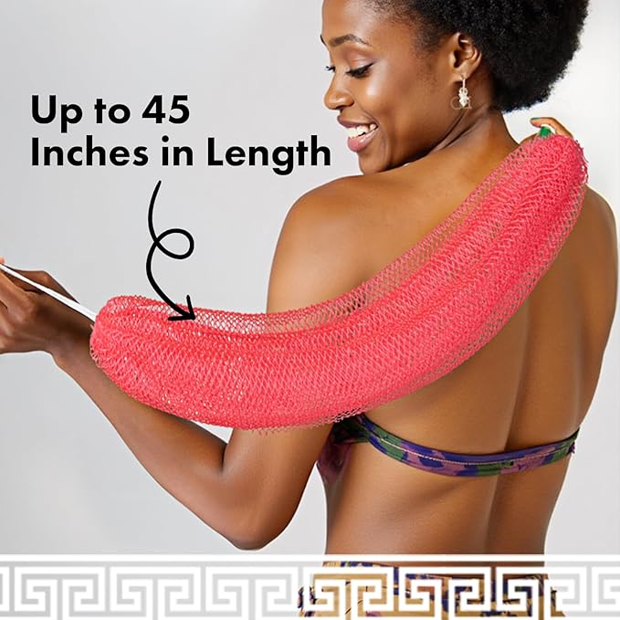 African Net Sponge Authentic with Handles (Set of 2), African Exfoliating Net Sponge, Exfoliating Body Scrubber Bath Sponge - Bathing Accessories with Storage Bag (Rose & Bright Yellow)