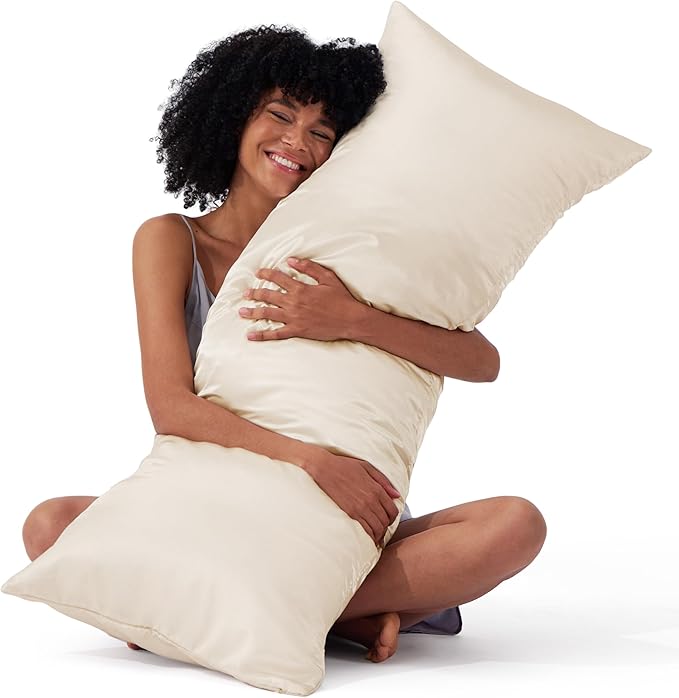Bedsure Satin Body Pillow Pillowcase, Similar to Silk Body Pillow Cover with Zipper, Soft & Breathable Long Pillow Case, Cooling & Silky Long Pillowcase for Hair and Skin, Gifts, Beige, 20x54 Inches