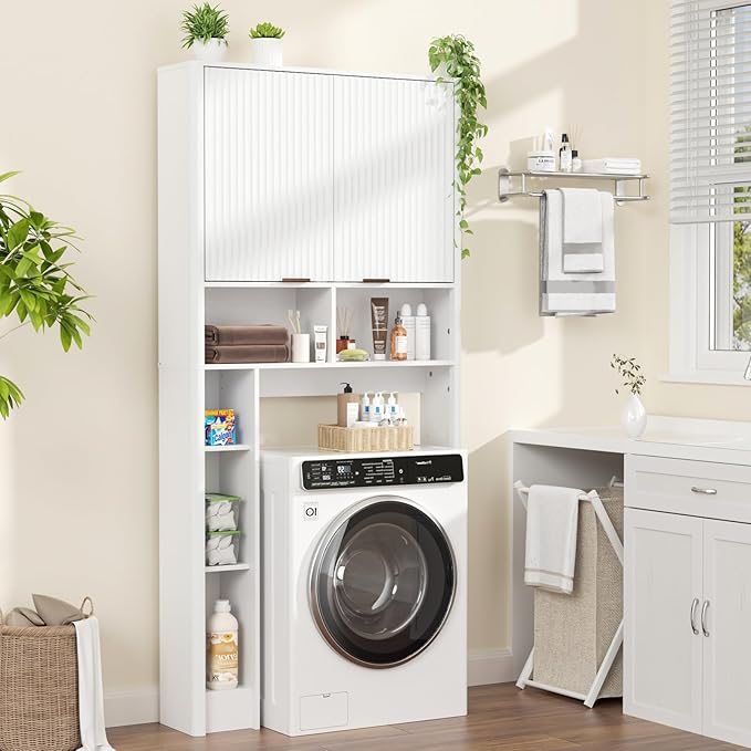 31" W Over The Toilet Storage Cabinet with Fluted Door, White Bathroom Organizer with Adjustable Shelf, Toilet Paper Holder Stand Wave Door for Restroom, Laundry Room