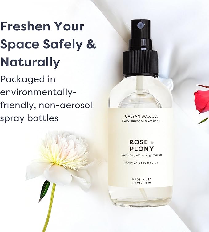 Calyan Wax Co. Rose & Peony Room Spray - Non Toxic Air Freshener - Natural Room Deodorizer with Essential Oils - Air Freshener Spray for Home - 4 fl oz