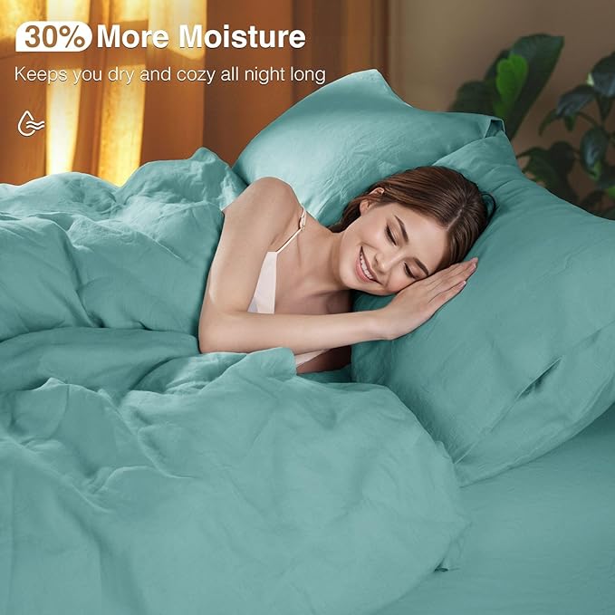 SONORO KATE 100% French Linen Duvet Cover King Size, Soft Breathable for Hot Sleepers, Moisture Wicking & Durable Cover Set - Zipper Closure & 4 Corner Ties Duvet Covers 3 Piece (Aqua,King)