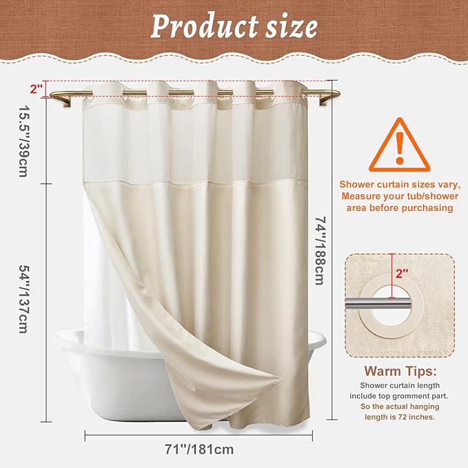 No Hook Cream Shower Curtain and Liner, Linen-Look Polyester Textured Shower Curtain with Snap in Liner, Waterproof & Washable Bath Curtains for Bathroom, 71Wx74H