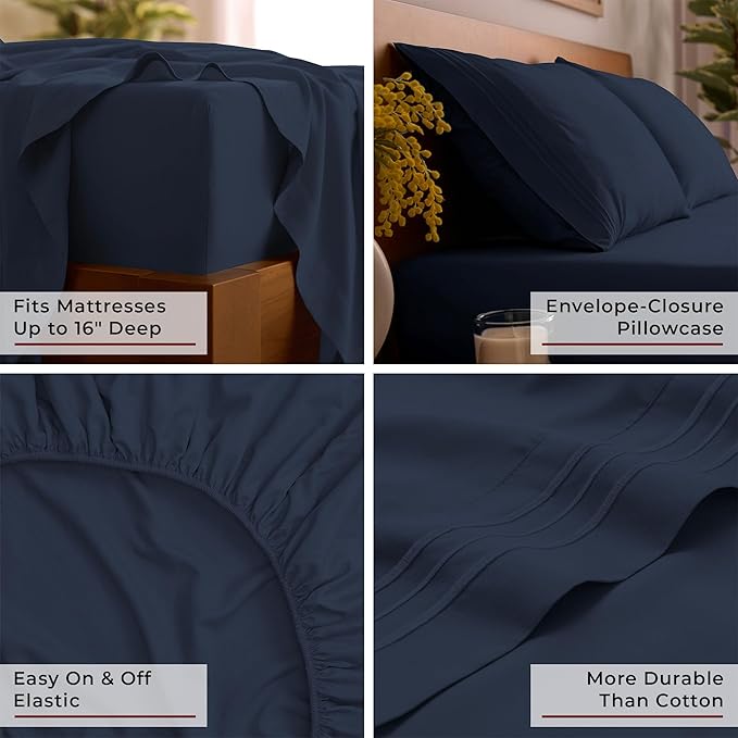 Mellanni Full Sheets Set - 4 PC Iconic Collection Bedding - Hotel Luxury, Extra Soft, Cooling Bed Sheets - Wrinkle, Fade, Stain Resistant (Full, Navy Blue)