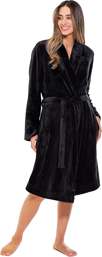 Turquaz Robes For Women, Womens Fleece Shawl Collar Soft Plush Knee Length Spa Robe
