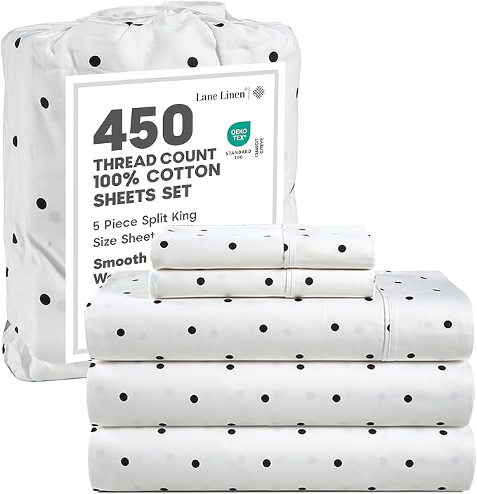 LANE LINEN Sheets for Split King Adjustable Bed – 450 Thread Count 100% Cotton Bedsheets, Soft & Breathable Sateen Sheets, 15” Deep Pocket, Hotel Sheet & Pillowcase Sets, Polka Dot Black