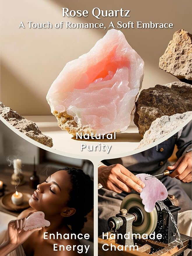 Rena Chris Body Gua Sha Tools, Natural Rose Quartz Jade Guasha Tool, Manual Massage Sticks for Jawline Sculpting and Puffiness Reducing, Whole Body Skin Care Massager (Pink)