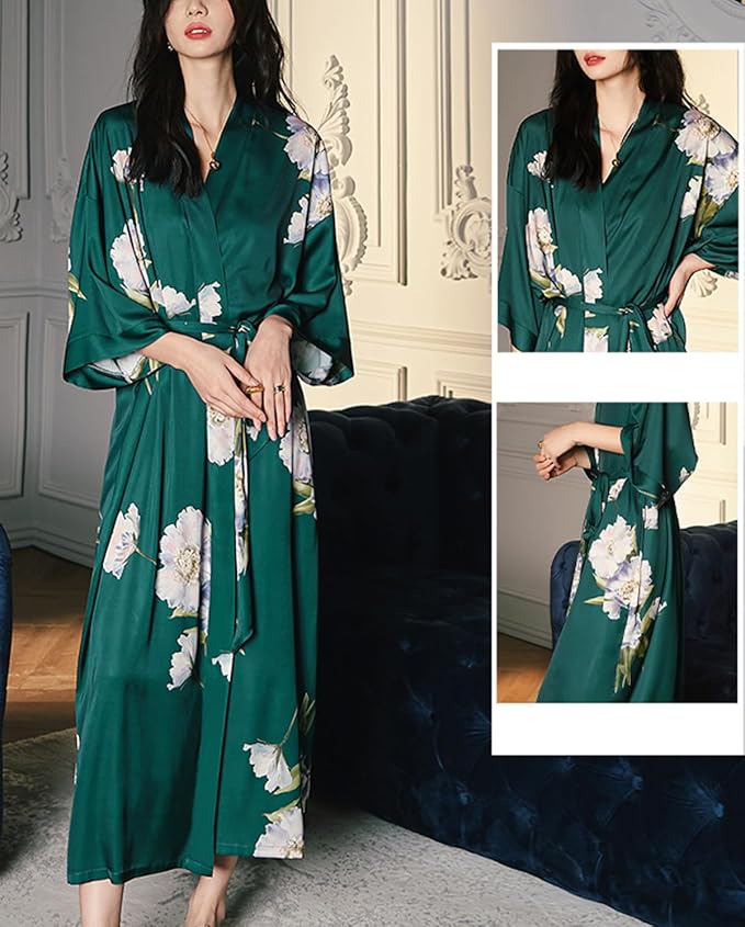Silk Satin Robe for Women Long Japanese Kimono Robe Lightweight Soft Bathrobe Floral Luxury Dressing Gown