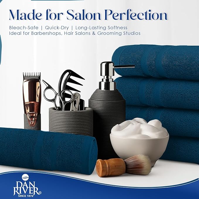 DAN RIVER 100% Cotton Salon Towels Set – 16x26 inches, Pack of 24, Highly Absorbent and Quick-Dry Towels for Hand, Salon, Spa, Beauty, Gyms and Home Hair Care, Navy