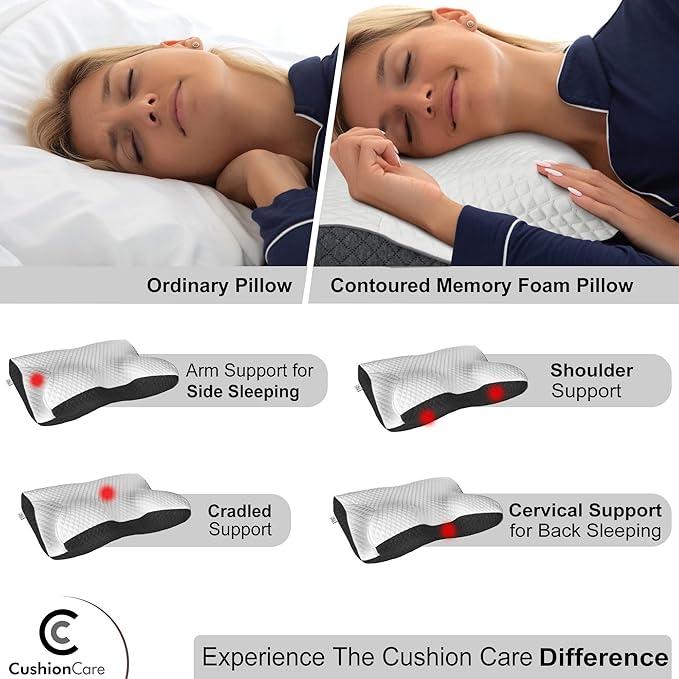 Charcoal Cervical Neck Pillow for Pain Relief Sleeping – Ventilated Memory Foam - Orthopedic Contour Pillow for Side, Back, Stomach Sleeper - Ergonomic Arm, Neck and Shoulder Support Pillows