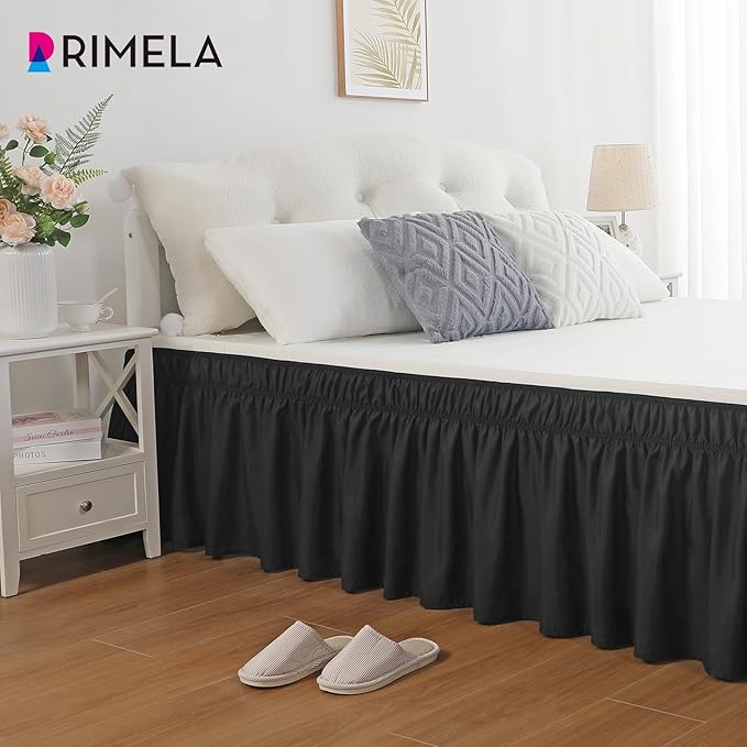 RIMELA Black Bed Skirt King Size 15 Inch Drop, Elastic Bed Skirting for Bed Base and Frame, Bedding Dust Ruffle Easy to Install, Lightweight Wrap Around Adjustable Bedskirt