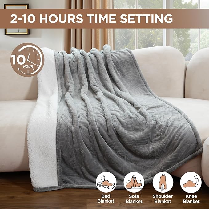 Westinghouse Heated Throw Blanket, Flower Jacquard Electric Blanket Throw with 6 Heating Levels& 2-10 Hours Auto-Off, Flannel to Sherpa Super Cozy Heated Blanket, Machine Washable (50x60‘’ Light Grey)