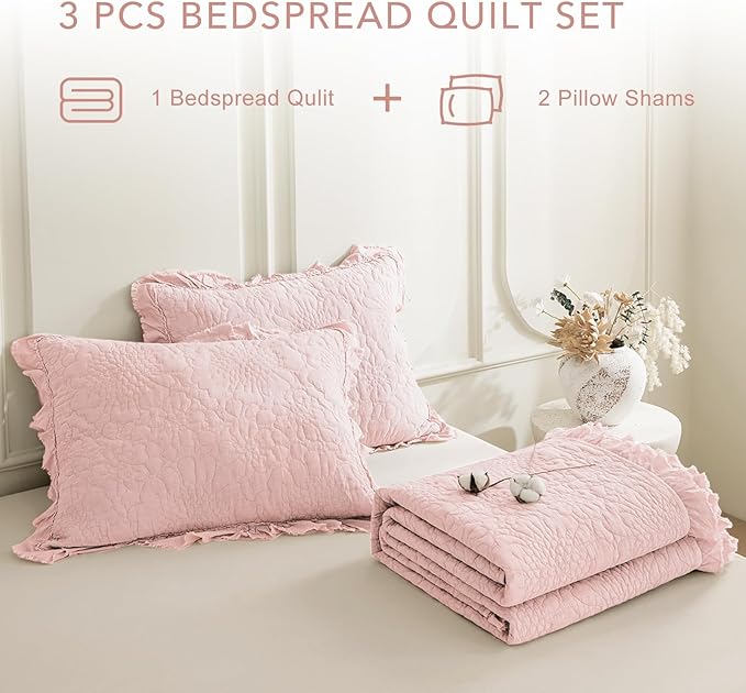 QSH Blush Stonewashed Cotton Oversized King Quilt Bedspread Set(128"x120"),3PCs Farmhouse Ruffle Bedspread California King,Ultra Soft Lightweight Crinkle Quilt Coverlet Bed Set with Pillow Shams