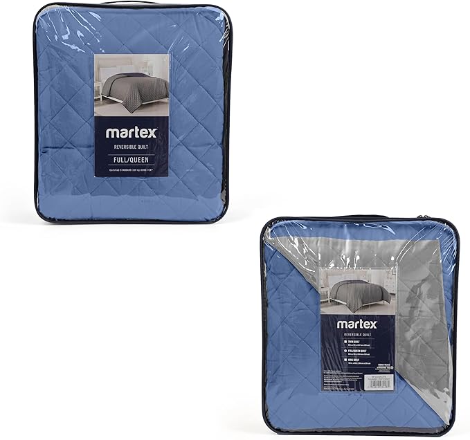 Martex Reversible Coverlet – Full Queen Size Quilt - Lightweight Full Size Bedding– Durable Queen Size Quilts for Bed – Soft - Easy Care Bedding – Ceil Blue/Gray