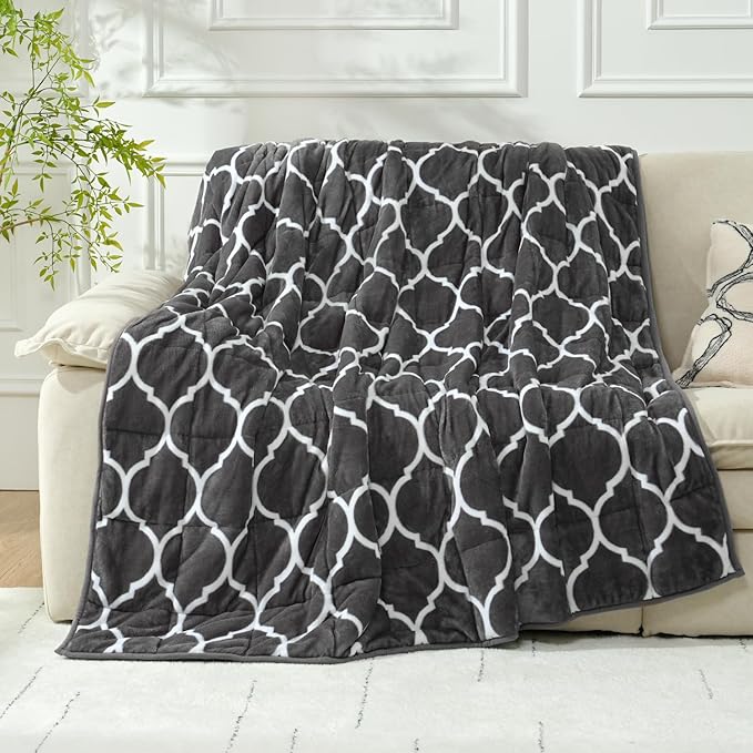 Wemore Sherpa Fleece Weighted Blanket for Adult, 15 lbs Dual Sided Cozy Fluffy Heavy Blanket, Ultra Fuzzy Throw Blanket with Soft Plush Flannel Top, 60 x 80 inches, Morocco Grey on Both Sides