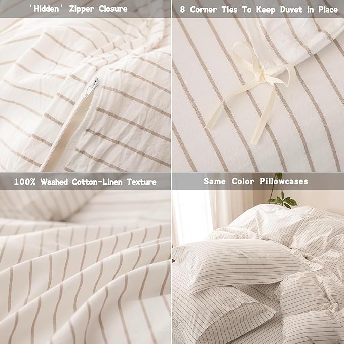Stripe Duvet Cover Oversized King Size 120inch x 98inch,100% Washed Cotton Linen Feel Duvet Cover with Zipper Closure and 2 Pillowcases, Color of Off White-Linen Grey Stripe