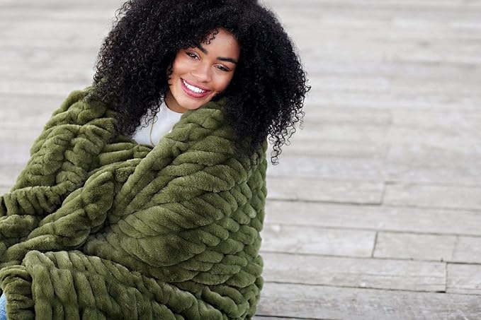 Minky Couture Hugs Blanket - Extra Plush Blanket for Premium Gifting - Stretchy Bubbled Cozy Throw - Silky Smooth - Durable & Machine-Washable - Travel-Friendly - Grande, Camp Green