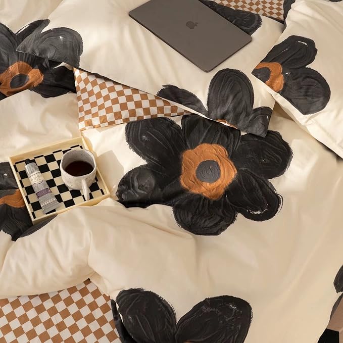 KAREVER Black Floral Comforter Set Black Botanical Bedding Full Women Chic Blankets Lightweight Black Sunflower Reversible Bed Comforter Set Full Size