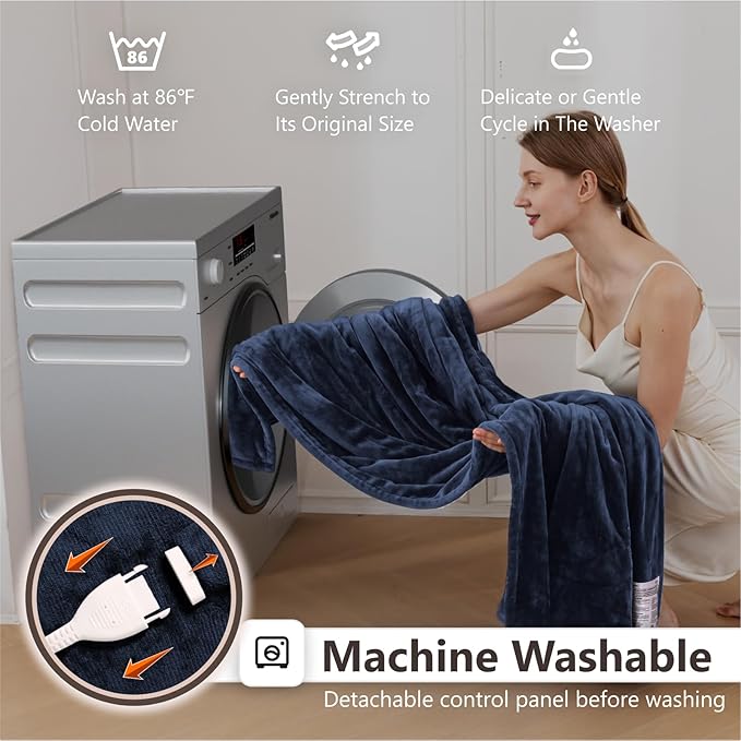 Wapaneus Heated Blanket Electric Blanket 62" x 84" Twin Size with 10 Heating Levels and 12 Hours time Settings, Flannel Fast-Heating Electric Blanket, ETL Listed, Machine Washable,Dark Blue