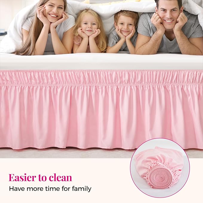 RIMELA Pink Bed Skirt Queen Size 18 Inch Drop, Elastic Bed Skirting for Bed Base and Frame, Bedding Dust Ruffle Easy to Install, Lightweight Wrap Around Adjustable Bedskirt