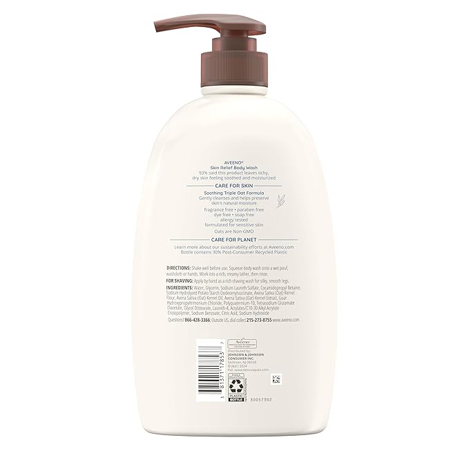 Aveeno Skin Relief Fragrance Free Body Wash, Triple Oat Formula, Gentle Daily Cleanser for Itchy Dry Sensitive Skin, Soap & Paraben Free, Soothes & Moisturizes, 33 fl oz