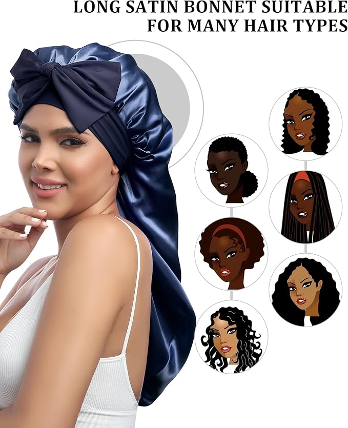 AWAYTR Long Satin Bonnet for Sleeping - Double Layer Reversible Silk Bonnet for Long Hair Women Sleeping Cap with Tie Band