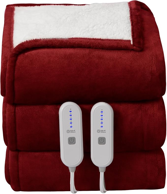 Queen Size Electric Blanket for Bed - 84" x 90" Dual Control Heated Blanket with 10 Hrs Auto Off, 5 Heating Levels, Over-Heat Protection, Washable Flannel Sherpa Heating Blankets, Red