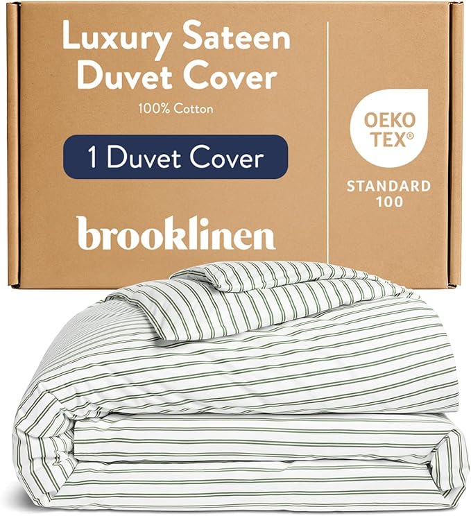 Brooklinen Luxury Sateen Duvet Cover - 100% Cotton, Full/Queen Size in Green Tandem Stripe with Extra-Long Corner Ties and Button Closure - Best Full/Queen Duvet Covers