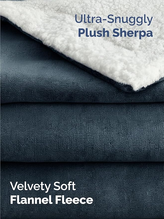 Sherpa Fleece Blanket Throw Size - Reversible Sherpa Fleece Throw Blanket - Super Soft Double Sided for Bed, Sofa, Couch - Thick, Warm, Fuzzy & Plush - Luxurious Bedding for Winter - Navy, 50" x 60"
