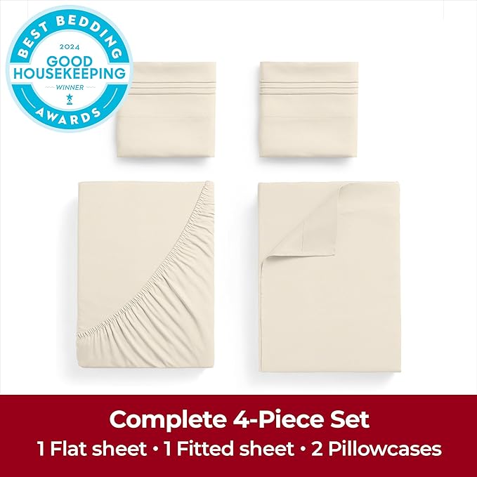 Mellanni Extra Deep California King Sheets - 4 PC Iconic Collection Bedding - Luxury, Ultra Soft, Cooling Bed Sheets - Wrinkle, Fade, Stain Resistant (Cal King, Golden Ivory)