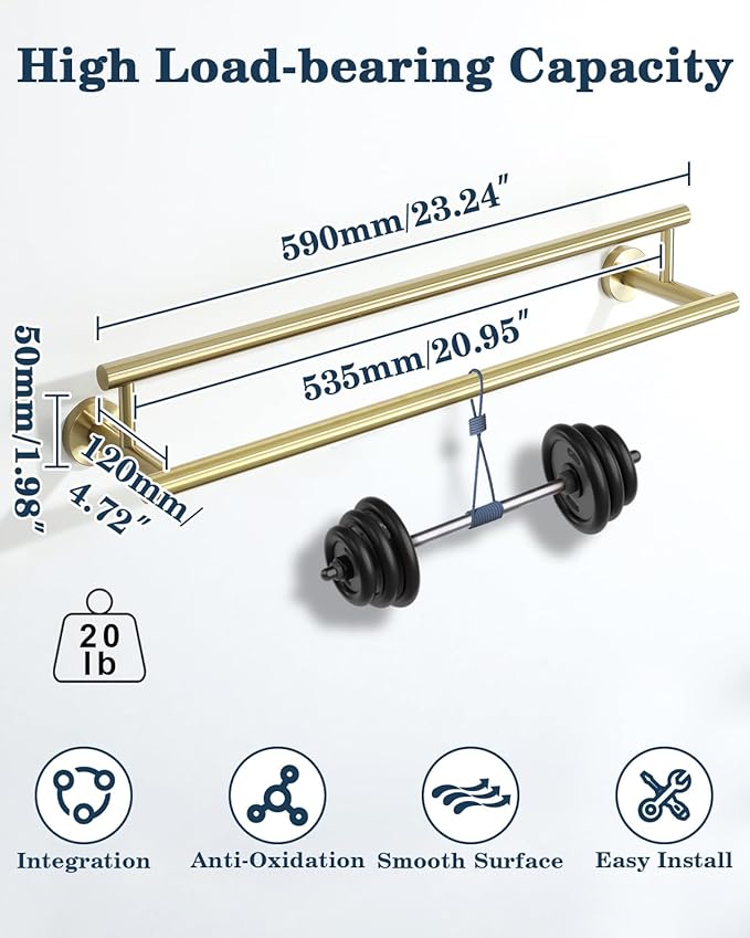Alise Double Bath Towel Bars Towel Racks for Bathroom Lavatory,24 Inch Towel Holder SUS304 Stainless Steel Towel Hanger Towel Rail Wall Mount,Brushed Gold,GYT6902-G