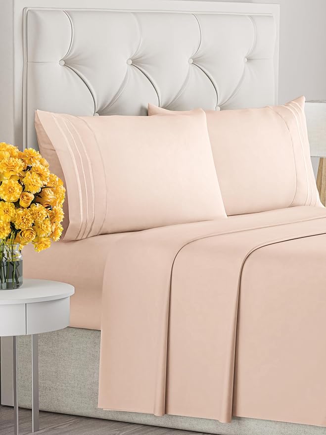 Queen Size 4 Piece Sheet Set - Extra Soft, Breathable & Cooling Sheets - Hotel Luxury Durable Bed Sheets for Women & Men - Deep Pockets, Easy-Fit & Wrinkle-Free Sheets - Cream Pink Oeko-Tex Bed Sheets