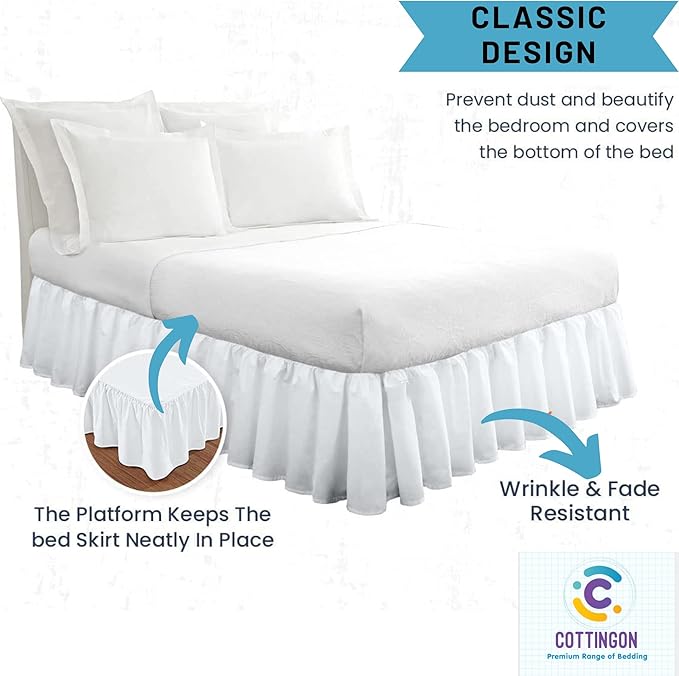 Ruffled Bed Skirt with Split Corners-Dust Ruffle - 18" Drop 100% Microfiber Soft,Sheen & Luxurious Look - Bed Skirts (White -King)