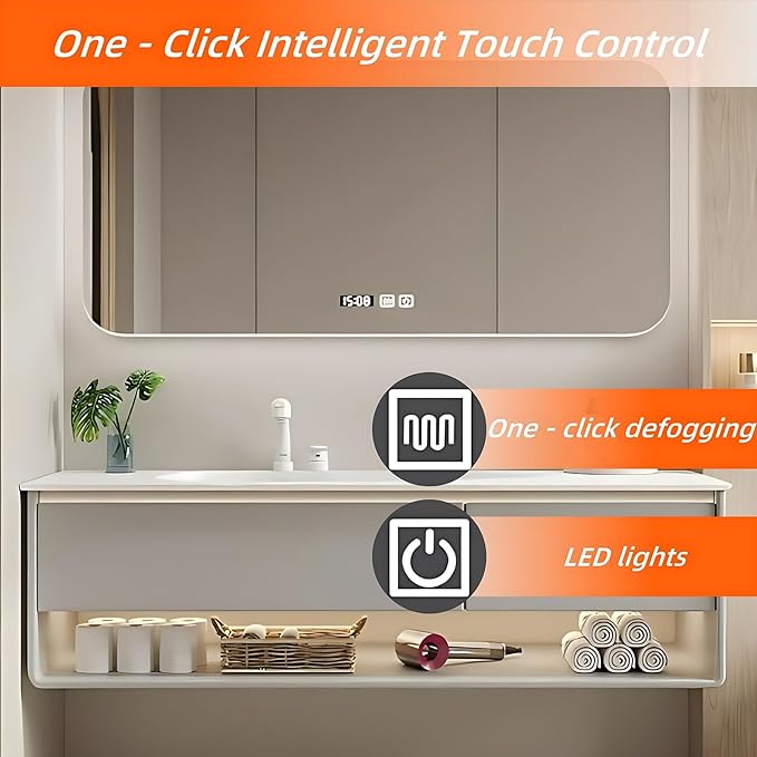 68IN Grey Bathroom Vanity Set - Floating Bathroom Vanity with Single Sink | Including LED Smart Defogging Mirror Cabinet & Time Display Function, Equipped with Motion Sensing Light Strip (Style A)