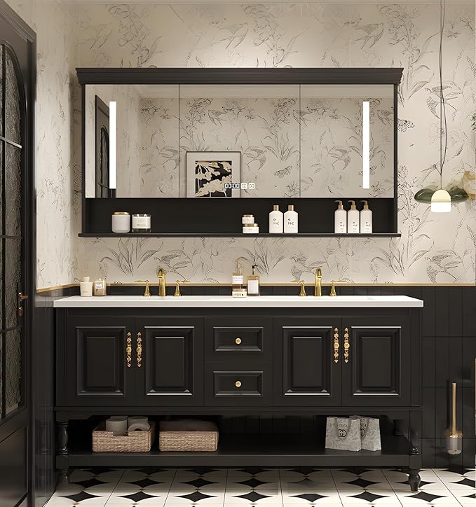 76" Double Bathroom Vanity with Sink,Freestanding Bathroom Vanity Large Storage Cabinet & Open Mirror Cabinet,4 Soft Closing Doors and 2 Drawers Solid Wood Luxury Bathroom Vanities Set,Black