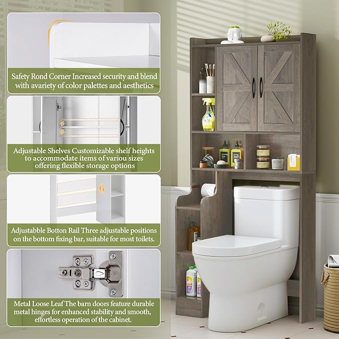 Over The Toilet Storage Cabinet with Barn Doors, Rustic Bathroom Organizer, Space-Saving Shelf for Laundry, Grey