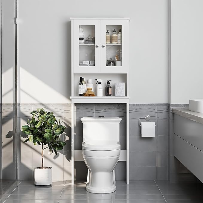 Meilocar Over The Toilet Storage Cabinet, Bathroom Storage Organizer Over Toilet with Glass Doors, Over Toilet Cabinet for Bathroom, Laundry Room, White