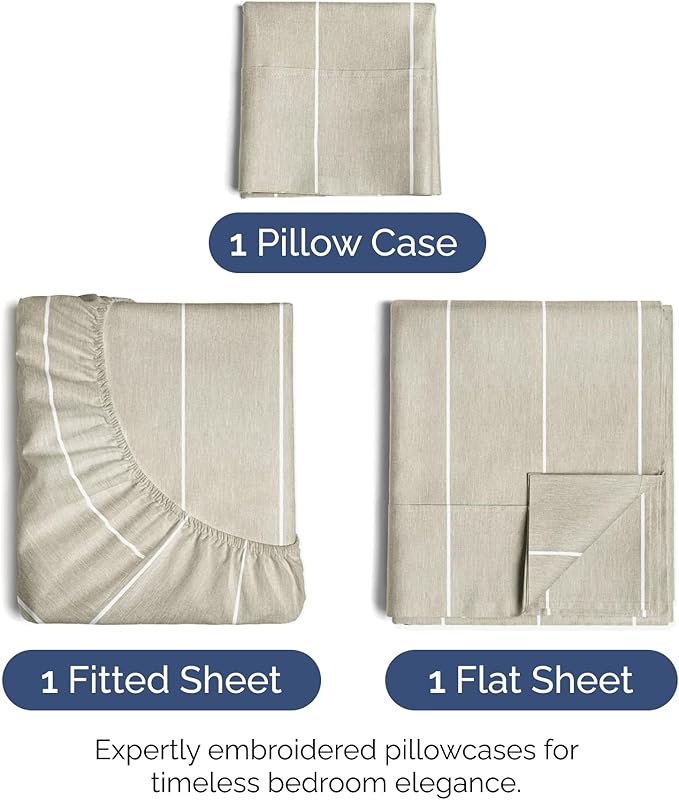 Twin Size 3 Piece Sheet Set - Extra Soft, Breathable & Cooling - Hotel Luxury Durable Bed Sheets for Women & Men - Deep Pockets, Easy-Fit & Wrinkle-Free - Beige Stripes Oeko-Tex
