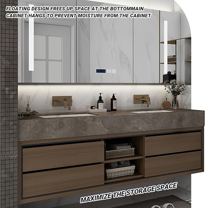 68IN Double Sink Bathroom Vanity, Floating Modern Bathroom Vanity Include Smart Defog Mirror Cabinet with LED Light, Solid Wood Vanities with Integrated Sink and Drawers Storage