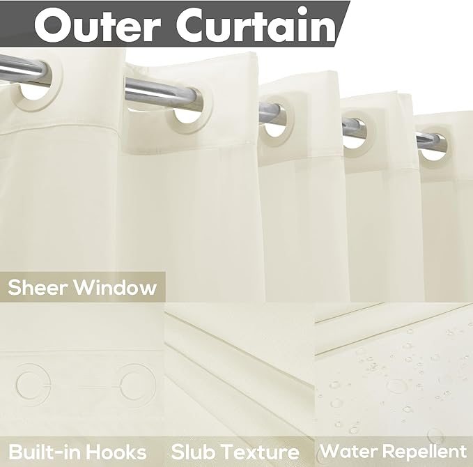Long No Hook Slub Textured Shower Curtain with Snap-in PEVA Liner Set - 71" x 80"(78"), Hotel Style with See Through Top Window, Cream Fabric Curtain & Waterproof Liner, Sand,W71xH78