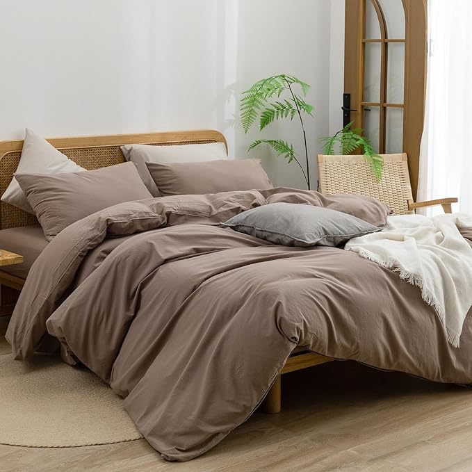 BESTOUCH Duvet Cover Set 100% Washed Cotton Linen Feel Super Soft Comfortable Chic Lightweight 3 PCs Home Bedding Set Solid Pine Bark Brown Oversized Queen
