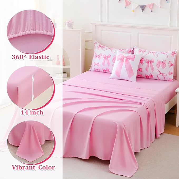 Twin Size Comforter Sets Pink Bed in a Bag for Girls, Bow Comforter Set,6 Pieces Bow Bedding Sets with Sheets for Kids
