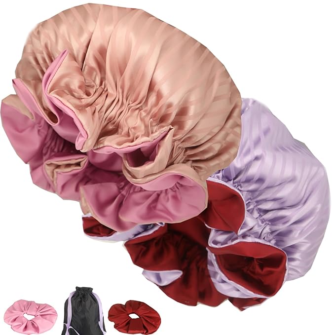 Satin bonnet 2PCS silk hair bonnet cap for women Adjustable sleep cap for curly natural hair double-layer Washable