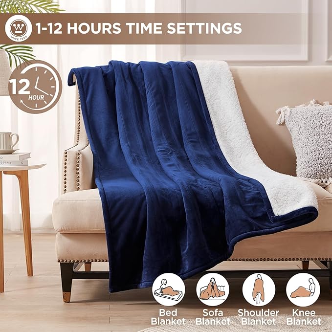 Westinghouse Electric Blanket Heated Throw | 6 Heating Levels & 4 Hours Auto Off | Flannel to Sherpa Reversible 50x60 | Machine Washable, Navy Blue